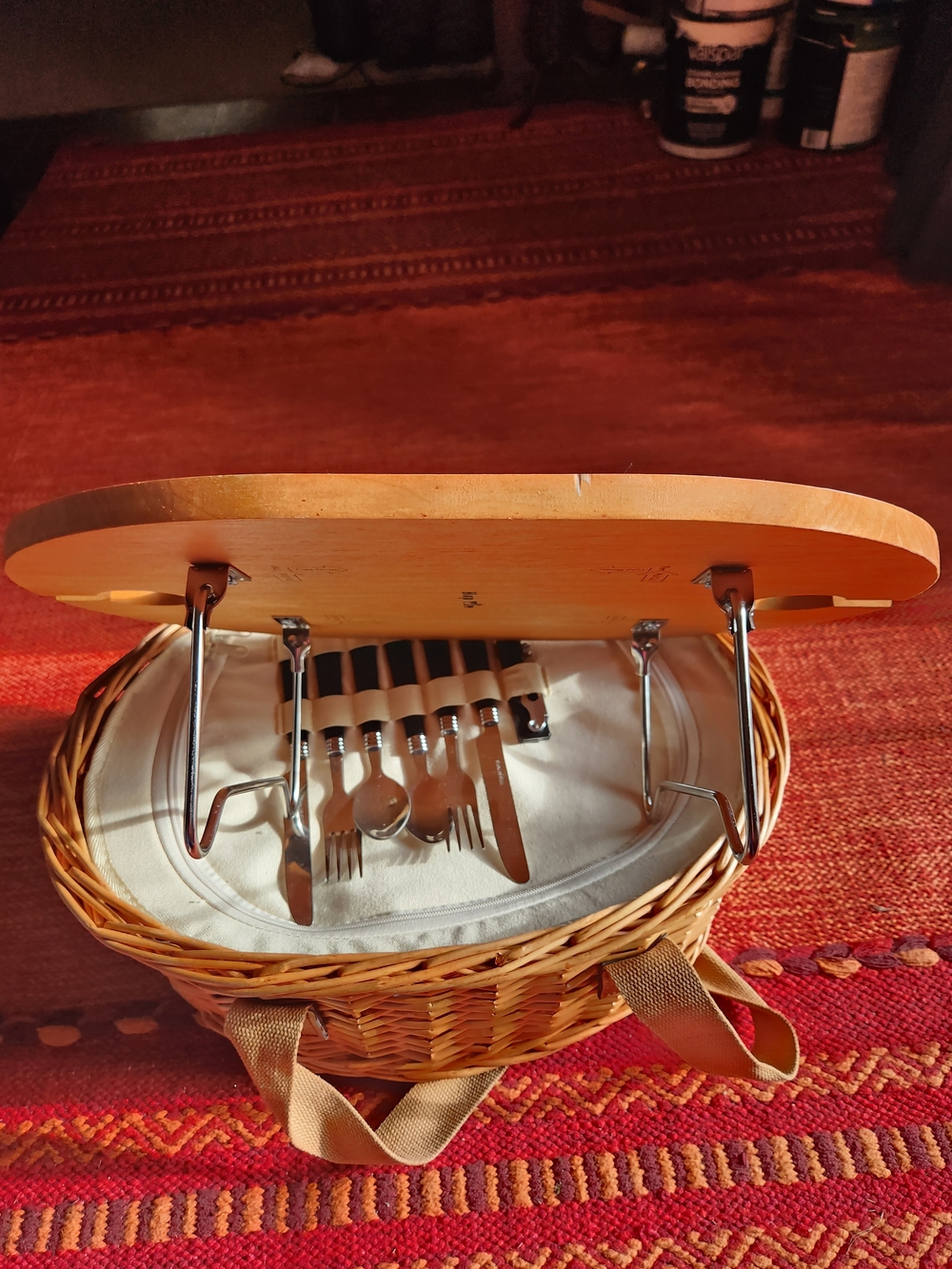 Woven Picnic Basket with Natural Wood Lid and Beige Straps - Picture 11 of 14